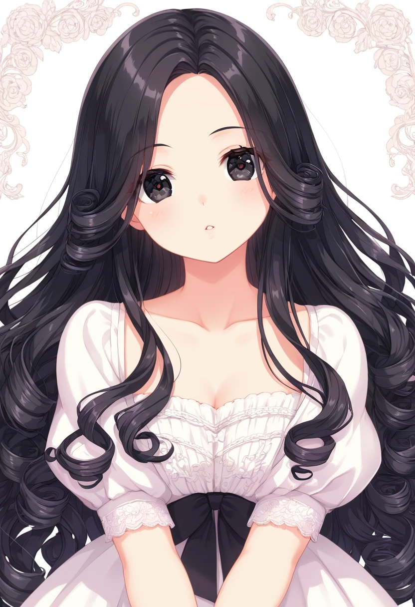 Super detailed,(Highest quality),((masterpiece)),(High resolution),original,Highly detailed 8k wallpaper,(Very delicate and beautiful),Highest_hand,anime,Black Hair,Long Hair,Parting her bangs,Center parted bangs,Softly curled hair,流行のcute女の子,black eye,Black bare-chested clothing,cute,Upper body only,Beautiful pupils,White background
