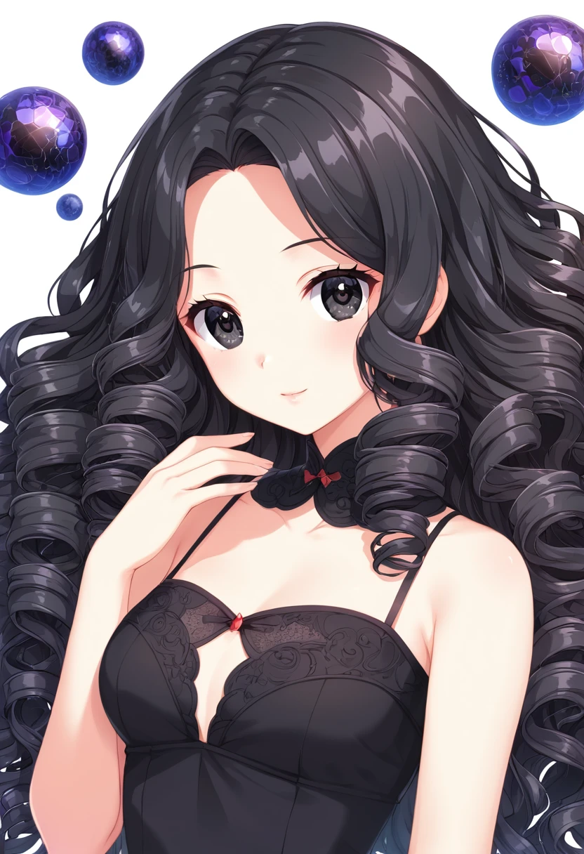 Super detailed,(Highest quality),((masterpiece)),(High resolution),original,Highly detailed 8k wallpaper,(Very delicate and beautiful),Highest_hand,anime,Black Hair,Long Hair,Parting her bangs,Center parted bangs,Softly curled hair,流行のcute女の子,black eye,Black bare-chested clothing,cute,Upper body only,Beautiful pupils,White background
