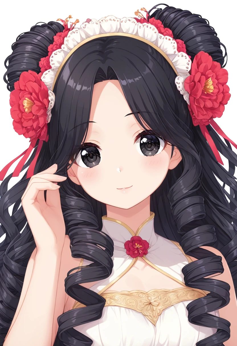 Super detailed,(Highest quality),((masterpiece)),(High resolution),original,Highly detailed 8k wallpaper,(Very delicate and beautiful),Highest_hand,anime,Black Hair,Long Hair,Parting her bangs,Center parted bangs,Softly curled hair,流行のcute女の子,black eye,Black bare-chested clothing,cute,Upper body only,Beautiful pupils,White background