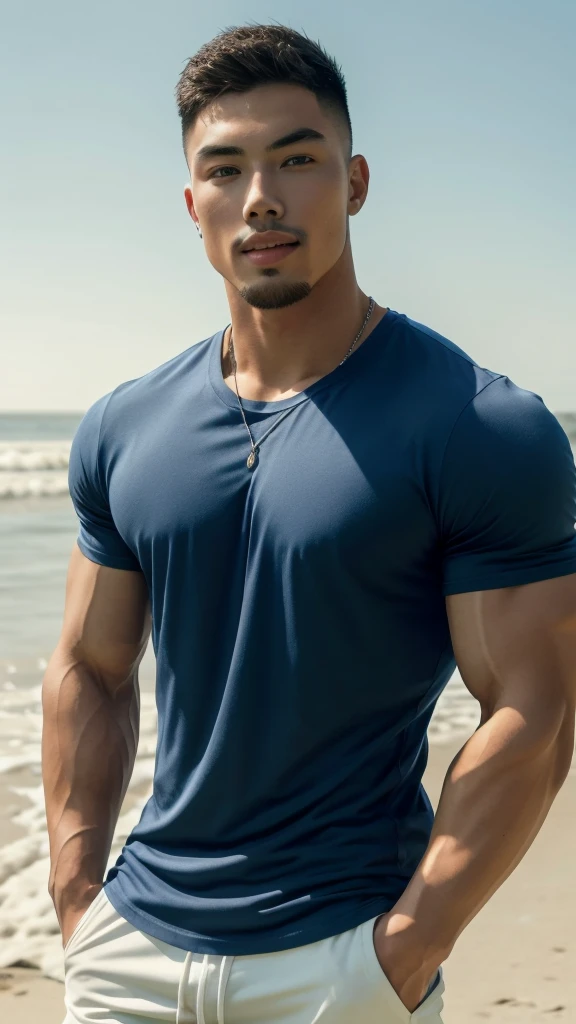 Tony Labrusca, A handsome, muscular young Asian man looks at the camera. In a plain blue t-shirt , Fieldside, grass, beach, sunlight