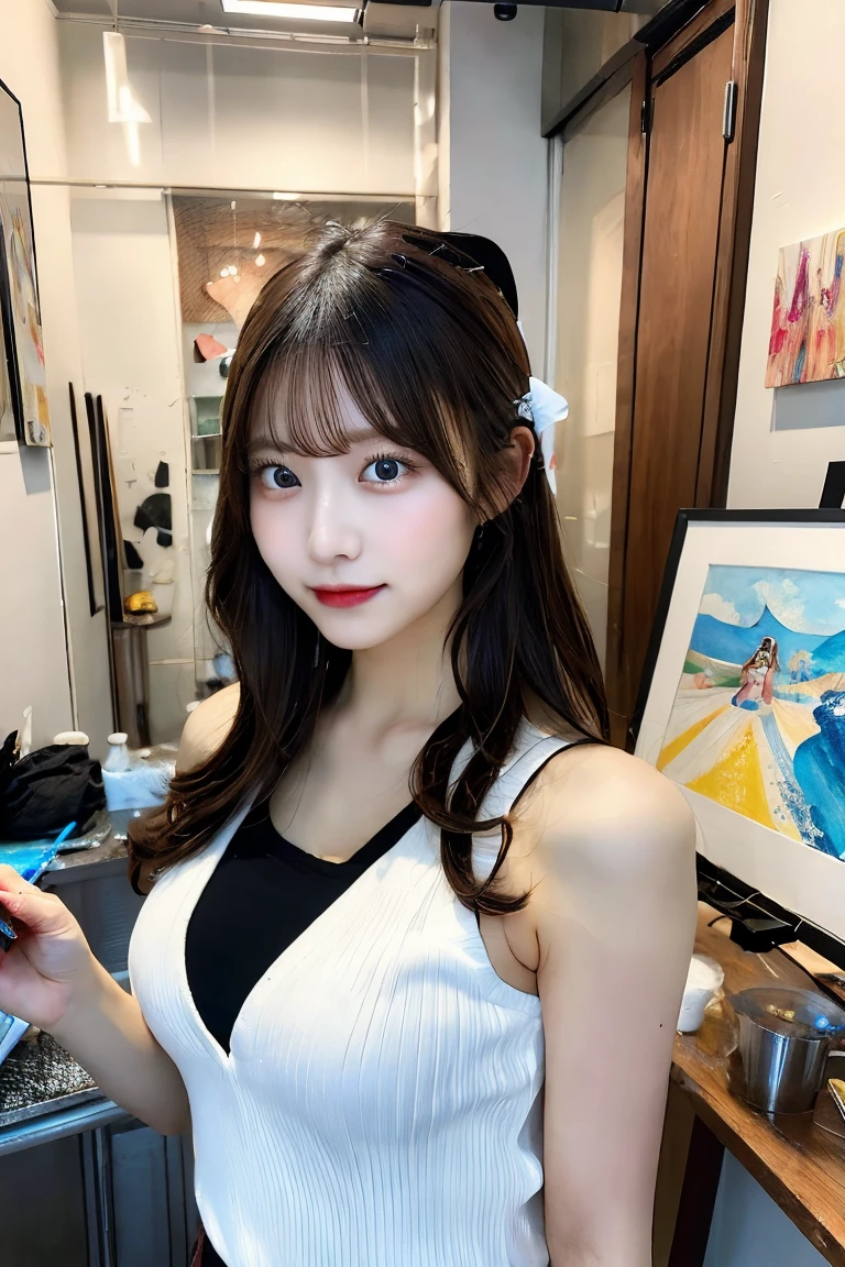 (masterpiece)), ((best quality)), (ultra-detailed), ((kawaii)), cute, (lovely), ((sexy)), (ero), ((extremely detailed)), 4K, (8K), nsfw, (topless),A young Japanese idol , 18 years old standing in an art studio. She is holding a paintbrush in one hand and covering her chest with the other. The background features various art supplies and canvases. The atmosphere is creative and artistic. Highly detailed, tasteful.