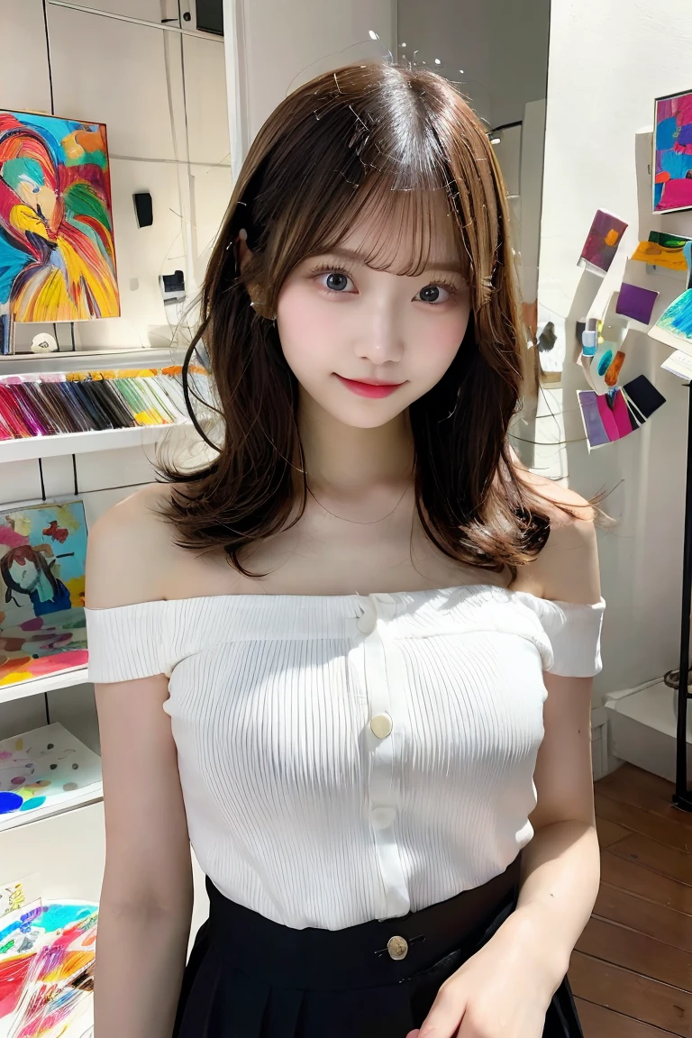 (masterpiece)), ((best quality)), (ultra-detailed), ((kawaii)), cute, (lovely), ((sexy)), (ero), ((extremely detailed)), 4K, (8K), nsfw, (topless),A young Japanese idol , 18 years old standing in an art studio. She is holding a paintbrush in one hand and covering her chest with the other. The background features various art supplies and canvases. The atmosphere is creative and artistic. Highly detailed, tasteful.