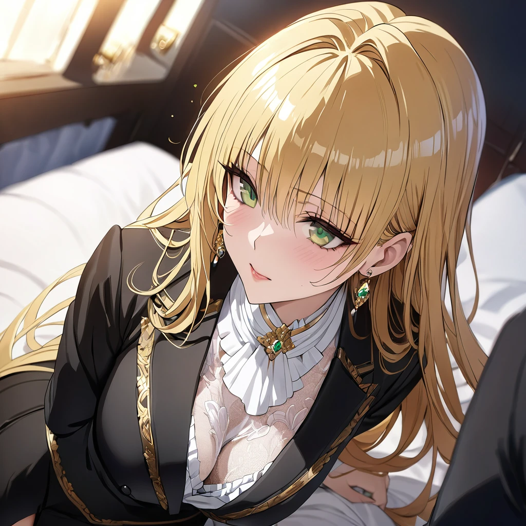 ((Highest quality)), ((masterpiece)), (detailed), (Perfect Face)、The woman is a thief with green eyes and medium-long blonde hair. She is wearing a luxurious black skirt-type suit with gold embroidery and trim, a luxurious and elegant white blouse with frills, jeweled earrings, and an engagement ring.