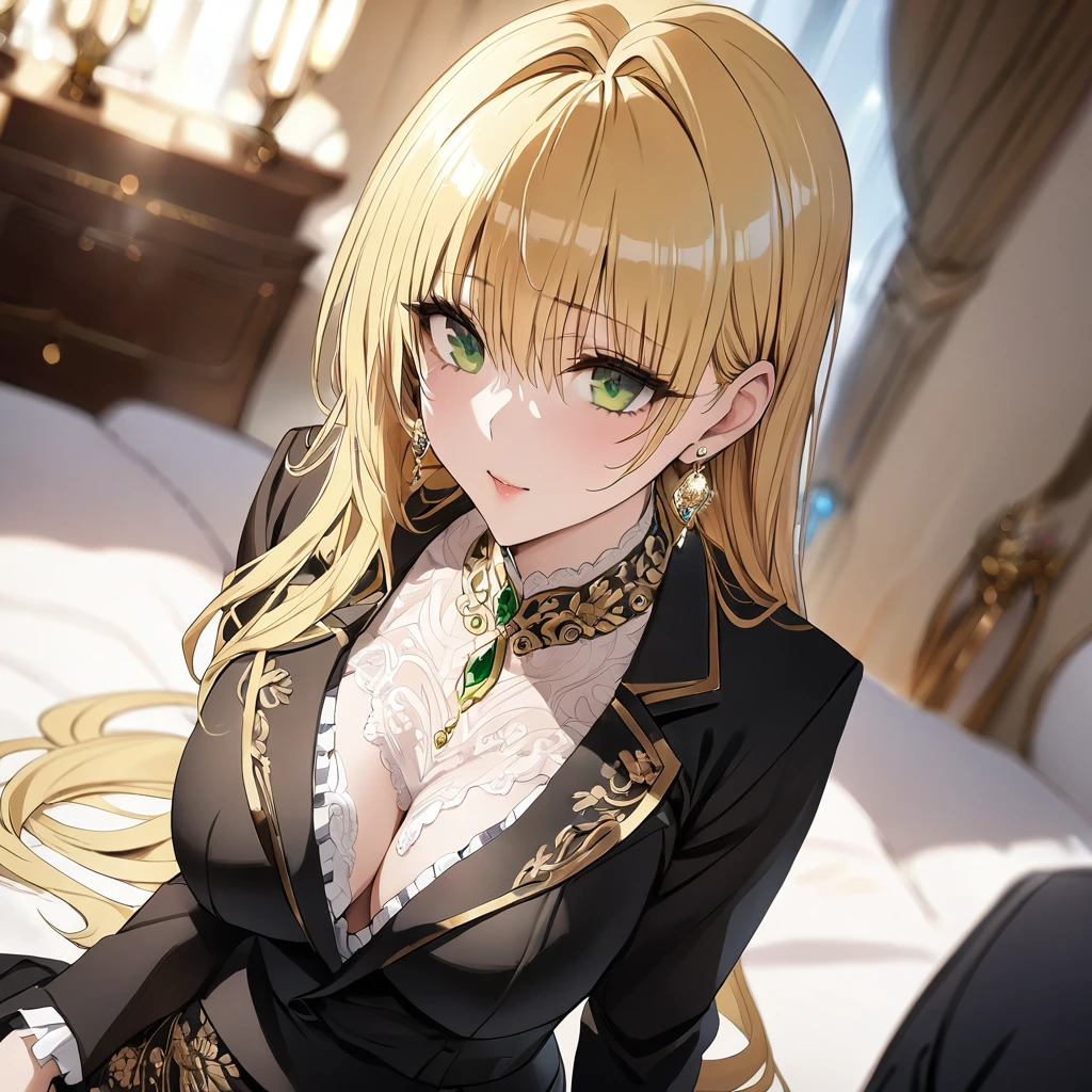 ((Highest quality)), ((masterpiece)), (detailed), (Perfect Face)、The woman is a thief with green eyes and medium-long blonde hair. She is wearing a luxurious black skirt-type suit with gold embroidery and trim, a luxurious and elegant white blouse with frills, jeweled earrings, and an engagement ring.