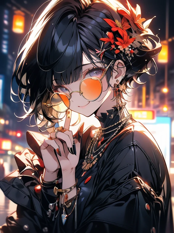 (masterpiece:1.2), Highest quality,sexy,Big Breasts, alone, Colored glasses, jewelry, hair ornaments, View your viewers,One girl, short hair,Earrings,  flower, Colored glasses, sunglasses, necklace, bangs, Black Hair、 Round Glasses, Earrings