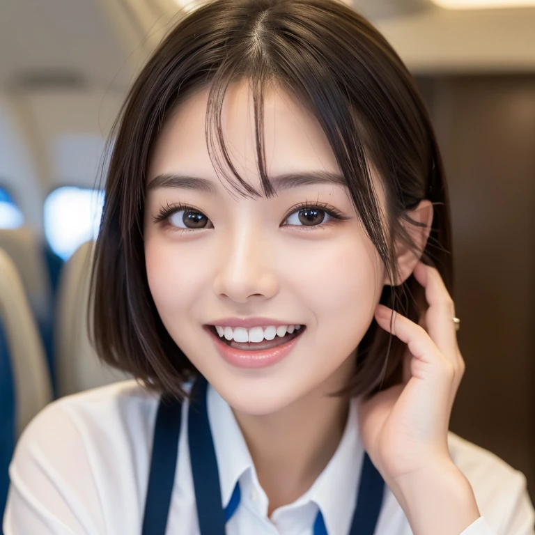 ((Highest quality)), ((masterpiece)), (detailed), One person(Highest quality, 8K, 32k, masterpiece, Ultra-high resolution:1.2),Beautiful Japanese Women Photos、Group of 2、healthy、Glowing Skin, Shallow depth of field、Contrasting、Professional Model、looking forward to it、Overbyte、mouth half open、blush:2.5、Random hairstyles for short hair、Black Hair、Face close-up、Portraiture、Teeth are visible、Big Mouth、Droopy eyes、Round face、Multiple moles、Fair skin、Active 24 year old、Brown eyes、Big smile、Cabin attendant、Wear a uniform、Airplane reflected