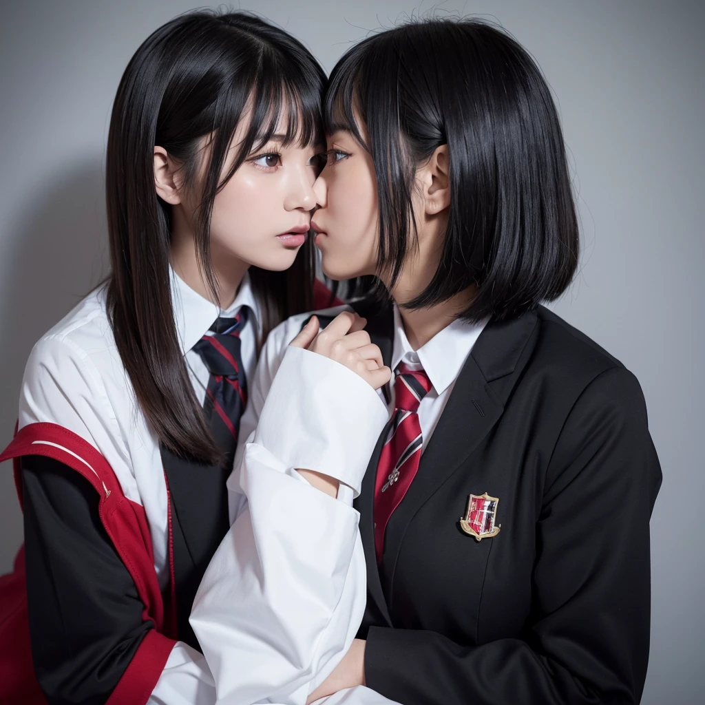 nsfw,（A blonde short-haired female student and a long black-haired female student:1.2）,（Blonde wolf cut:1.2）、（Smooth long black hair:1.2）（The serious schoolgirl has long, straight black hair.:1.2）,（Gal has short blonde hair,Gold and red mesh）,（Gazing at each other passionately）,（Overlapping lips）,（Tongue entangled）,（Fuller lips）,（Deep Kiss:1.2),（Female students in blazers and sailor suits),（A blonde schoolgirl hugs a black-haired schoolgirl）,(whole body,Two people embracing each other),（Touching each other&#39;s bodies）、A blonde  hugs a black-haired schoolgirl（Girl sitting on chair）、(RAW Photos, Highest quality), (Realistic, Realistic:2.4), Very delicate and beautiful,Japanese women,Pretty girl,Hugging hard,Two people hugging each other,Highly detailed CG Unity, High resolution, Soft Light, Beautiful details, Highly detailed eyes and face, Beautiful and sophisticated nose,classroom,School,