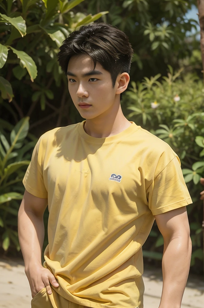 A handsome, muscular young Asian man looks at the camera. In a plain yellow t-shirt , Fieldside, grass, beach, sunlight