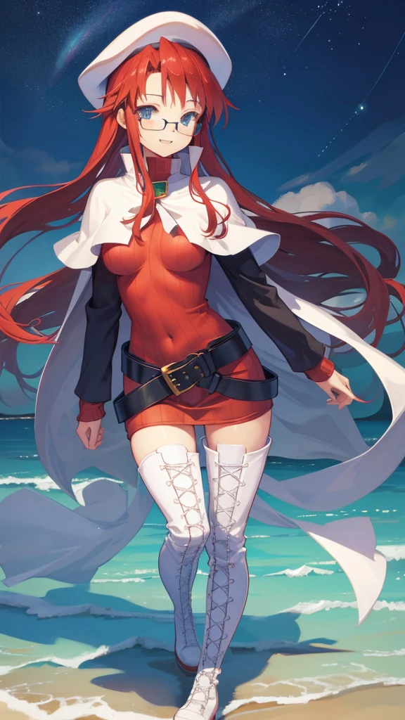 summonnightaty, aty, long hair, blue eyes, red hair, beret, hat, glasses,
BREAK long hair, thighhighs, hat, dress,black boots, glasses, belt, cape, sweater, zettai ryouiki, beret, thigh boots, white footwear, ribbed sweater, loose belt,solo,
BREAK outdoors, fantasy_town,
BREAK (masterpiece:1.2), best quality, high resolution, unity 8k wallpaper, (illustration:0.8), (beautiful detailed eyes:1.6), extremely detailed face, perfect lighting, extremely detailed CG, (perfect hands, perfect anatomy),(covered_nipples:1.3),covered_navel,light_smile,dynamic_posing ,walking,(half_eyes:1.2),light_open_mouth,sword,armpit