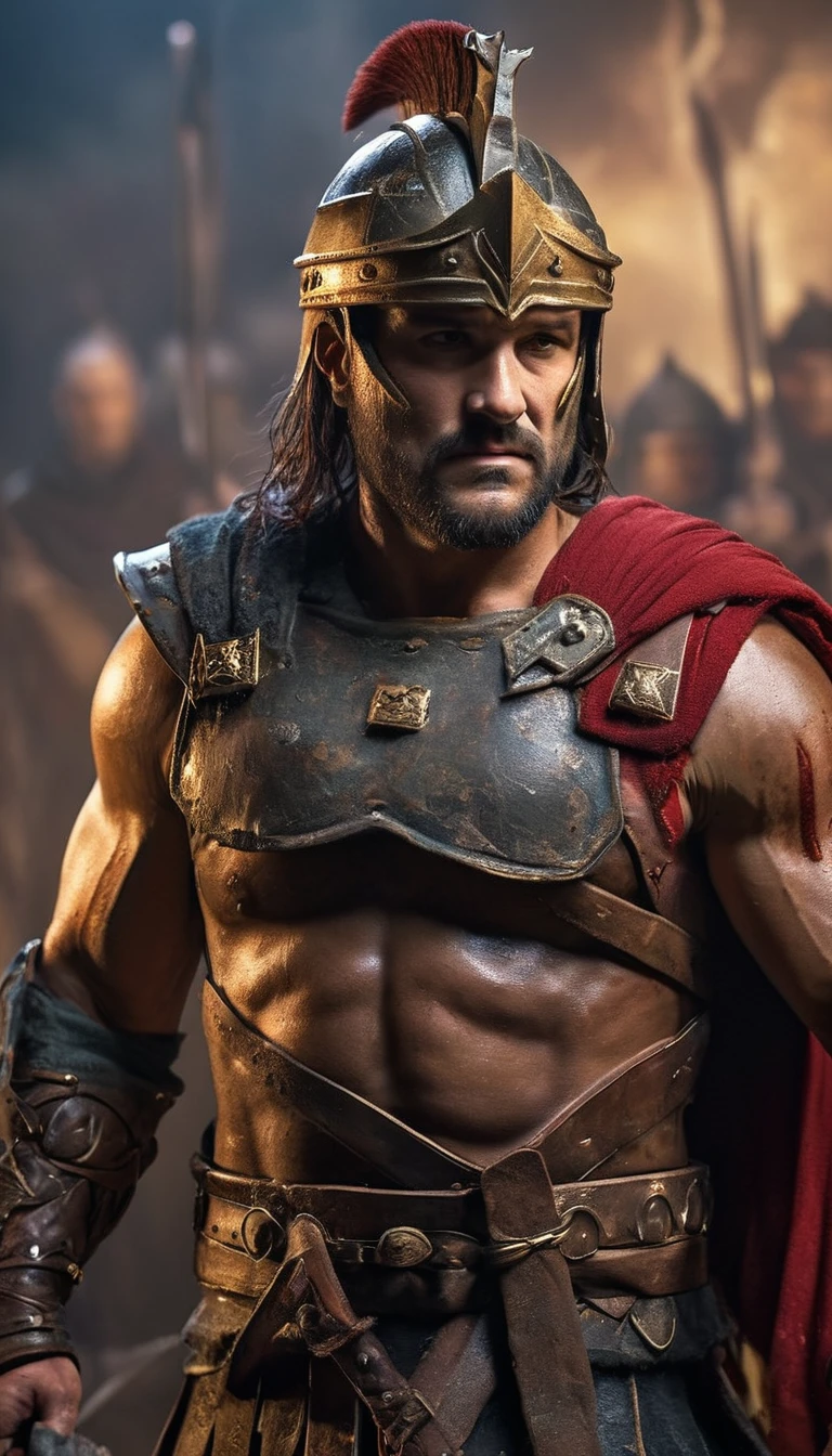Illustrate a Spartan warrior with a scarred face, symbolizing his many battles and experience, hyper realistic, ultra detailed hyper realistic, photorealistic, Studio Lighting, wearing a gold crown, reflections, dynamic pose, Cinematic, Color Grading, Photography, Shot on 50mm lens, Ultra-Wide Angle, Depth of Field, hyper-detailed, beautifully color, 8k