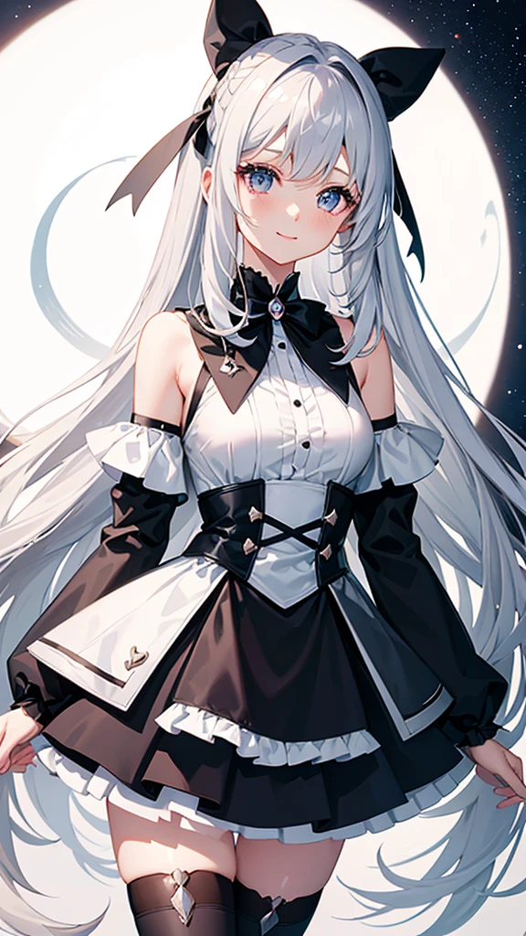 Magical girl black and white costume mini skirt No sleeve Long hair with silver hair Ribbon in hair smile Great style Directly facing universe space