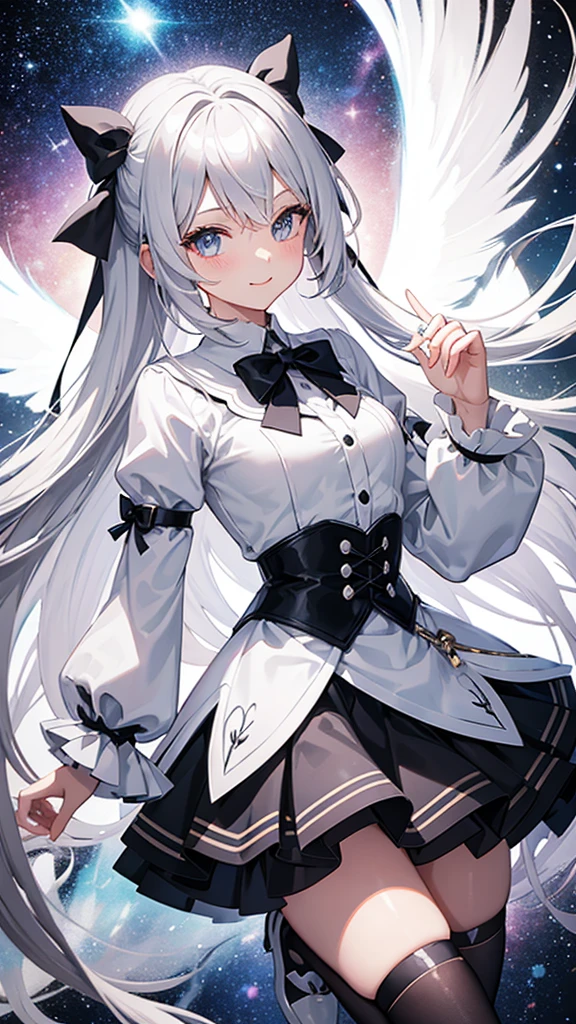 Magical girl　black and white costume　mini skirt　No sleeve　Long hair with silver hair　Ribbon in hair　smile　Great style　Directly facing　universe space