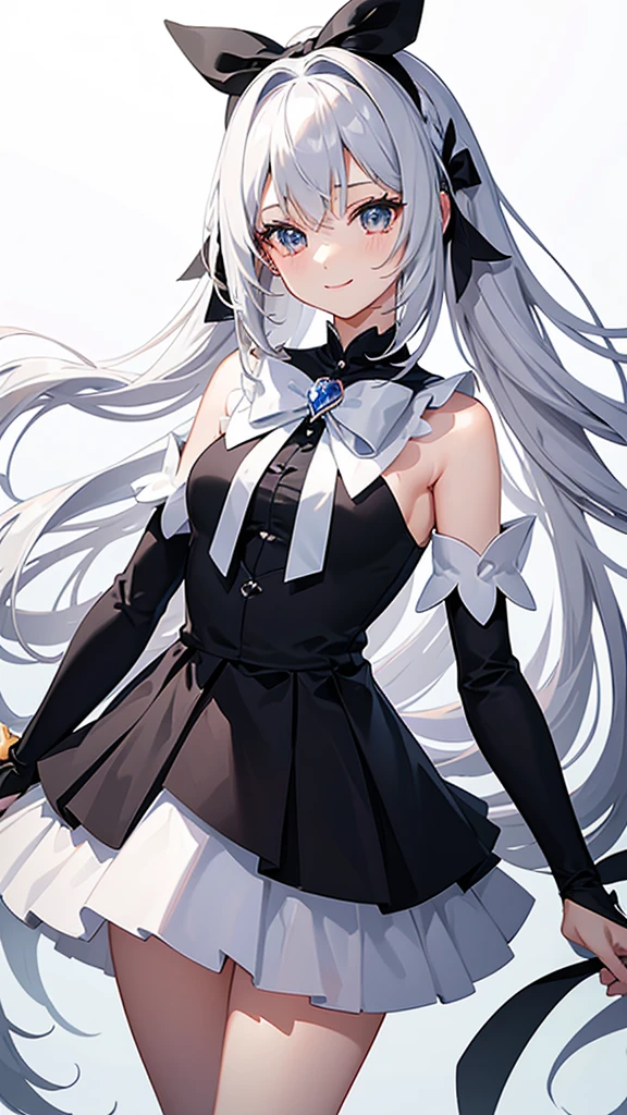 Magical girl　black and white costume　mini skirt　No sleeve　Long hair with silver hair　Ribbon in hair　smile　Great style　Directly facing　universe space