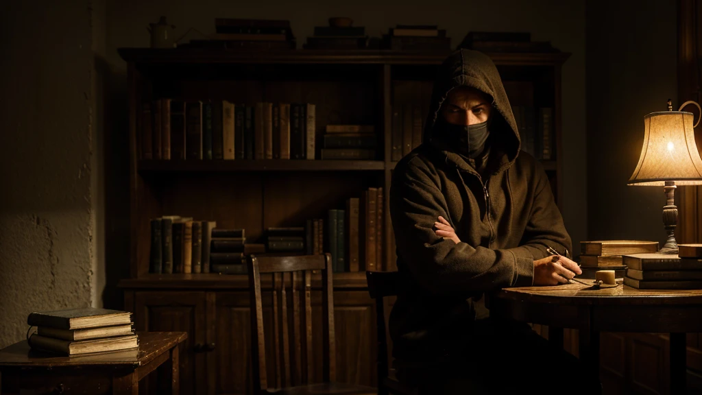 In a dimly lit room, a man sits silently on a wooden chair. The faint glow from two rusty overhead lamps casts long shadows, barely illuminating the space around him. He wears a hooded sweatshirt, the hood pulled up to obscure his face in darkness. In front of him, a simple wooden table holds an old, leather-bound book, its pages yellowed with age, and a pair of half-melted candles flickering weakly, their flames struggling against the gloom.

Behind him stands an imposing library, its tall shelves packed tightly with countless books. The tomes, varying in size and color, hint at the vast knowledge and stories contained within, though the poor lighting reveals only glimpses of their spines. The air is thick with the scent of aged paper and the quiet stillness is occasionally broken by the soft creak of the old wooden chair. The overall atmosphere is one of mystery and contemplation, with the man appearing as a solitary figure shrouded in anonymity, surrounded by the silent presence of history and wisdom.