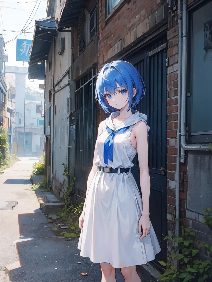 A young anime girl with short blue hair and blue eyes stands in an urban alleyway. She is wearing a white sleeveless dress that has a belt at the waist, and she has a large red scarf wrapped around her neck. The girl has a pensive and somewhat melancholic expression on her face. The alleyway is narrow and slightly run-down, with some debris and vegetation visible on the ground. The scene is lit by sunlight, casting shadows and creating a realistic atmosphere. The background includes some buildings and a few power lines, enhancing the urban setting