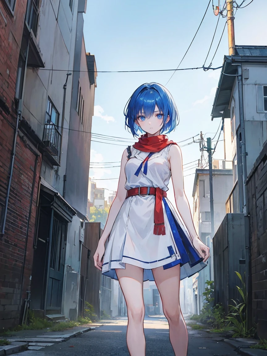 A young anime girl with short blue hair and blue eyes stands in an urban alleyway. She is wearing a white sleeveless dress that has a belt at the waist, and she has a large red scarf wrapped around her neck. The girl has a pensive and somewhat melancholic expression on her face. The alleyway is narrow and slightly run-down, with some debris and vegetation visible on the ground. The scene is lit by sunlight, casting shadows and creating a realistic atmosphere. The background includes some buildings and a few power lines, enhancing the urban setting