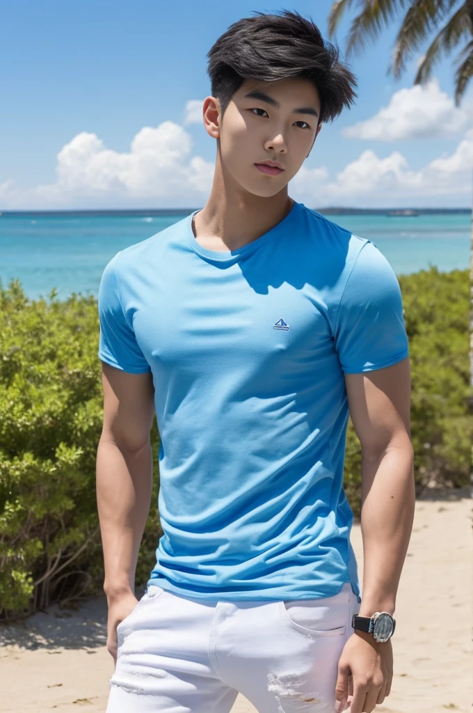 Young Korean man in a white t-shirt and jeans, A handsome, muscular young Asian man looks at the camera. In a simple blue t-shirt , Fieldside, grass, beach, sunlight