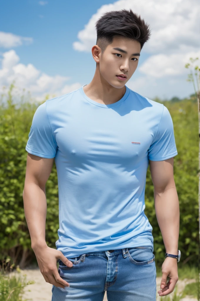 Young Korean man in a white t-shirt and jeans, A handsome, muscular young Asian man looks at the camera. In a simple blue t-shirt , Fieldside, grass, beach, sunlight