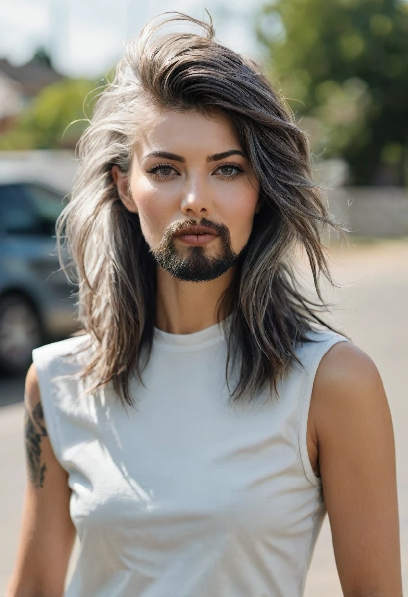 stubble bearded woman with mullet cut