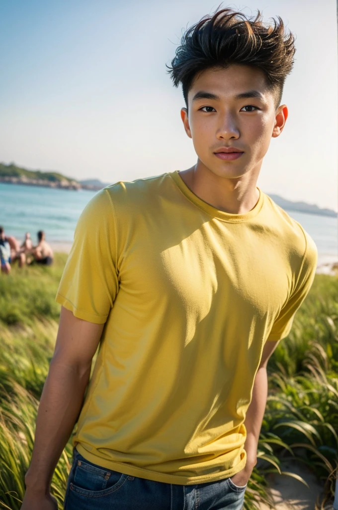 A handsome, muscular young Asian man looks at the camera. In a plain yellow t-shirt , Fieldside, grass, beach, sunlight