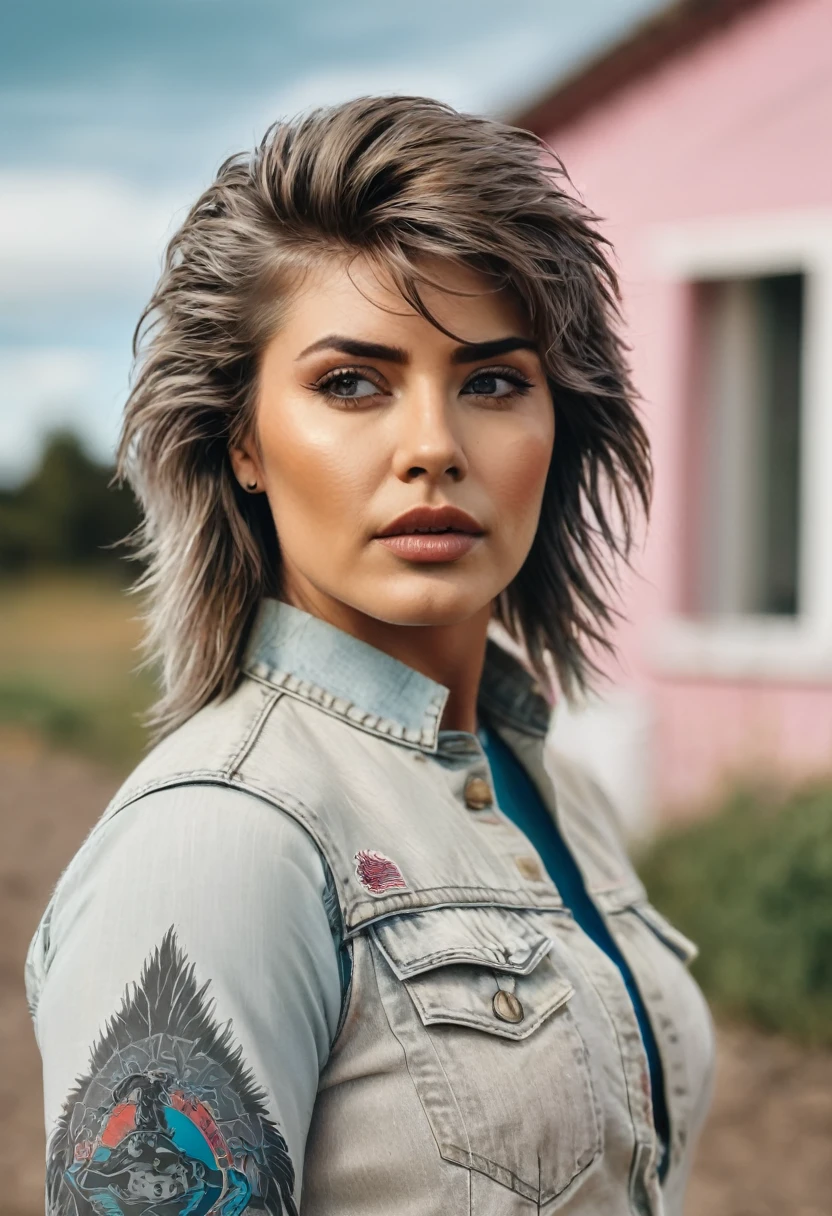 stubble bearded woman with mullet cut