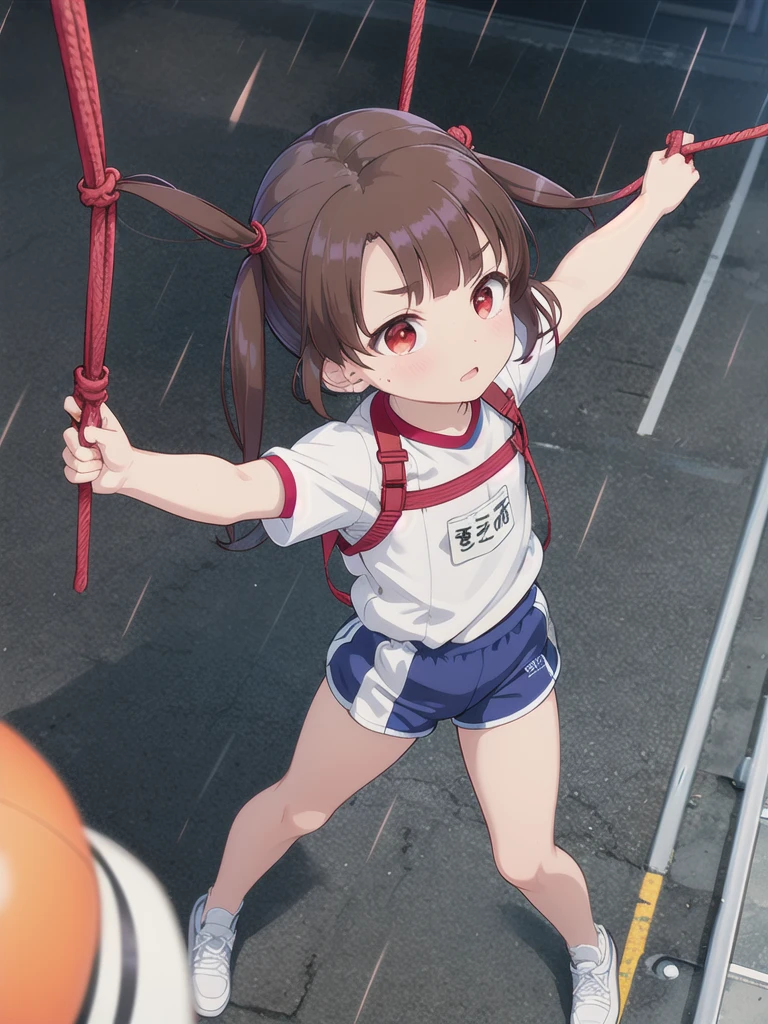 Outdoor,night,rain,Rope climbing to the roof,Raise your arms up,Holding a large brown rope,Hanging on to the rope,White gym clothes,A red full harness over the gym uniform,Red eyes,Long twin tails,Brown Hair,Eyebrows visible through hair,Flat Chest,Looking Up,A view from above,face focus,