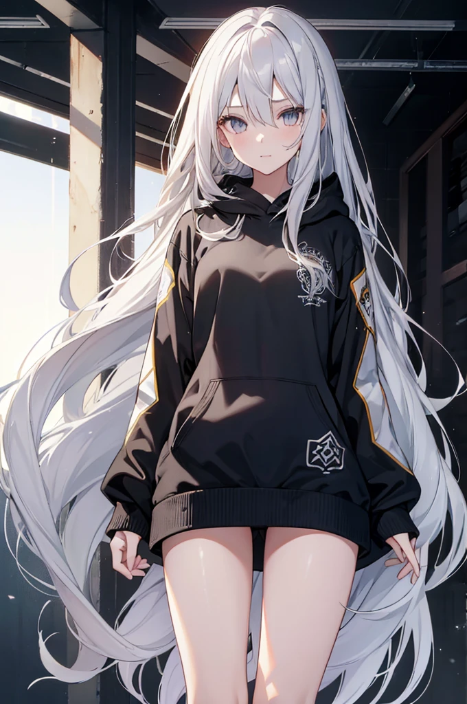 1girl, {Solitary}, Upper Body ,{{ {Watching at viewer}}}, Arms at your sides, Concept Art, white Background, simple Background, White hair, Silver gradient hair , Composite cloth, Asymmetrical clothes, Virtual YouTuber, best quality, masterpiece, Dynamic Angle, , cowboy_shooting, Watching_Back, grab, girl,Miss,woman, young,20 years old, Very long hair, Hair Flip, Silver Hair, Flowing hair, Ahog, giggle, Beautiful and delicate golden eyes, teeth, Large Breasts, Blonde eyes, White skin, hoodie, Black_shorts, Gray clothes, transparent_Background, Backlighting, absurd, high resolution, Extremely detailed,sweater,Face to face