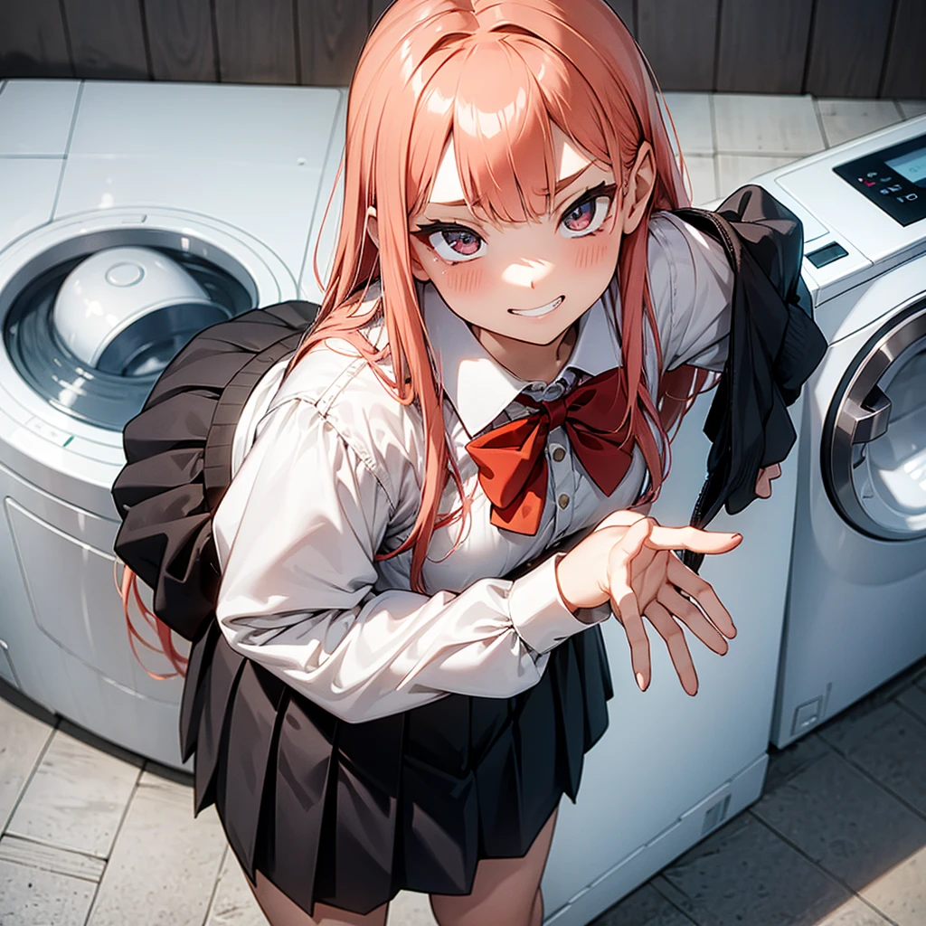 One girl,
Laundry room,washing machine, Laundry basket, a few underwears are in a Laundry basket,
hair,Color Hair Color, Small breasts、blush, bow, Red Bow, Long sleeve, shirt, Collared shirt, skirt, Pleated skirt, black skirt, Small breasts,
{{{Face close-up}}},Upper Body,,Pay attention to the panties,Quality underwear,
Looking down,View your viewers,
Panties as a gift,
Tabletop, highest quality, , absurdes, Perfect Skin, Detailed skin texture, Ultra-detailed, 8K, Intricate details, Beautifully detailed face,High resolution,
 {{{Shadowed face}}}, mock, {{{Grit your teeth:1.2}}}, Grin, smile, Looking down at viewers, masterpiece,absurdes, Beautiful detailed face when viewed from the front,