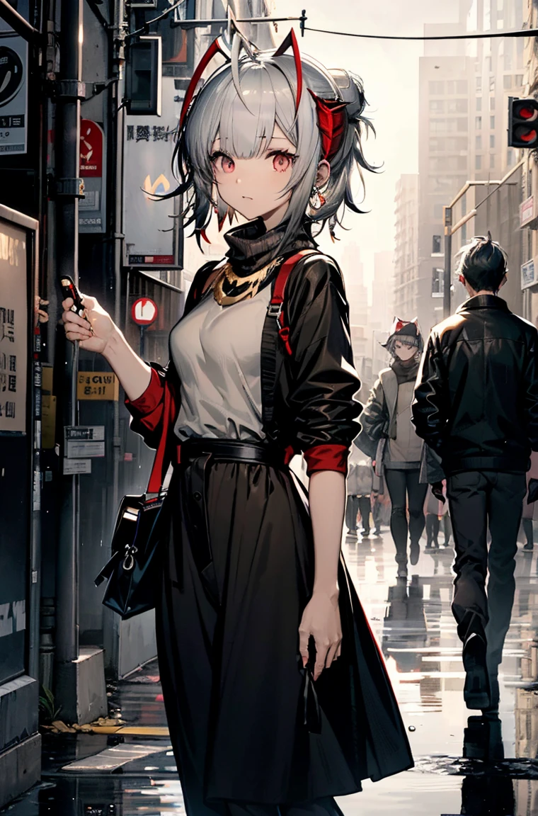 Beautiful masterpiece, weveningdress，best quality, Illustration style，Large aperture portrait， Anime Girl, beautiful eyes, summer, Wide leg pants, small, Heartwarming, Youthful and beautiful,,Regular Clothes，Black and white,, showing a natural casual style. Dynamic posture contains the golden ratio, China, White space, Strong contrast between light and shadow, Super texture, Super clear and concise pictures, presenting extremely beautiful, Elegant temperament, subtle facial expressions, City background, rain, Road area water reflection，one person