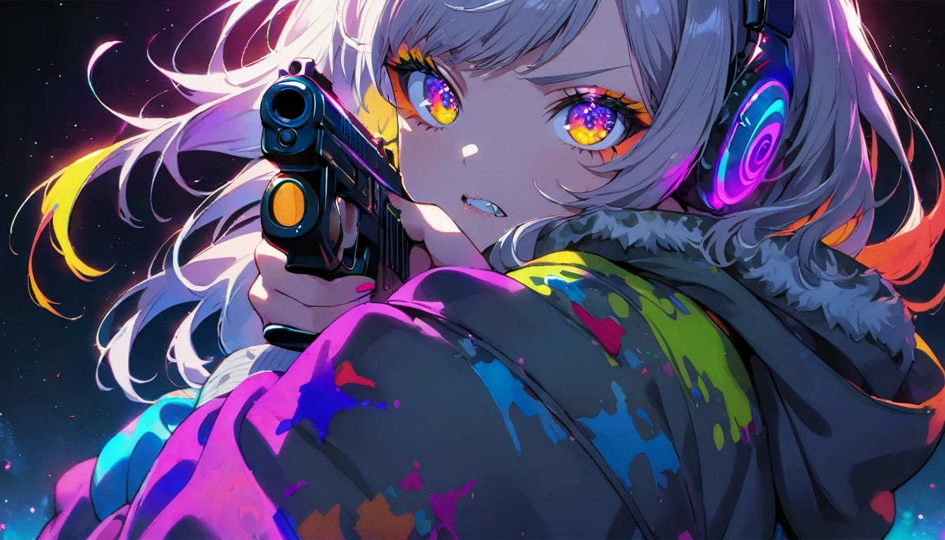 ((Masterpiece)), ((best quality)), (Anime:1.3), (super detail:1.2), (High Definition:1.3), (Professional Photography:1.3), cute young Girl, Glossy unruly hair, (loose swept bangs), (silver ash hair), medium hair, big eyes, (Eye bags:1.3), (Long eyelashes), colorful eyes, (a little angry), Glossy lips, (jagged teeth), ((Camouflage hoodie with oversized)), (holding a handgun:1.5), barearms, cute, neon lit, starry night, (upper body:1.5), (colorful:1.3), gothic makeup, wearing headphones, pointing a handgun, (from side),
