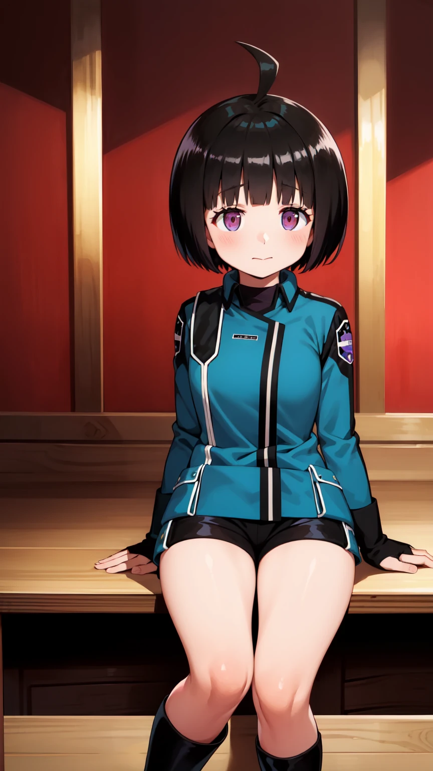 One Girl, alone, amateur_chika, short hair, Black Hair, Blunt bangs, Bobcut, Ahoge, Purple eyes, Long sleeve, Blue jacket, uniform, Black Shirt, turtleneck, Symbolism, Short black shorts, Black boots, , Cowboy Shot、Thighs、Black thigh-high boots、（（（黒のHigh heels）））whole body, face, high quality, masterpiece, 超High resolution, high quality, Attention to detail, 最high quality, High resolution、 blush, View your viewers, Cowboy Shot, indoor, bar、Sitting、足を組んでSitting、High heels