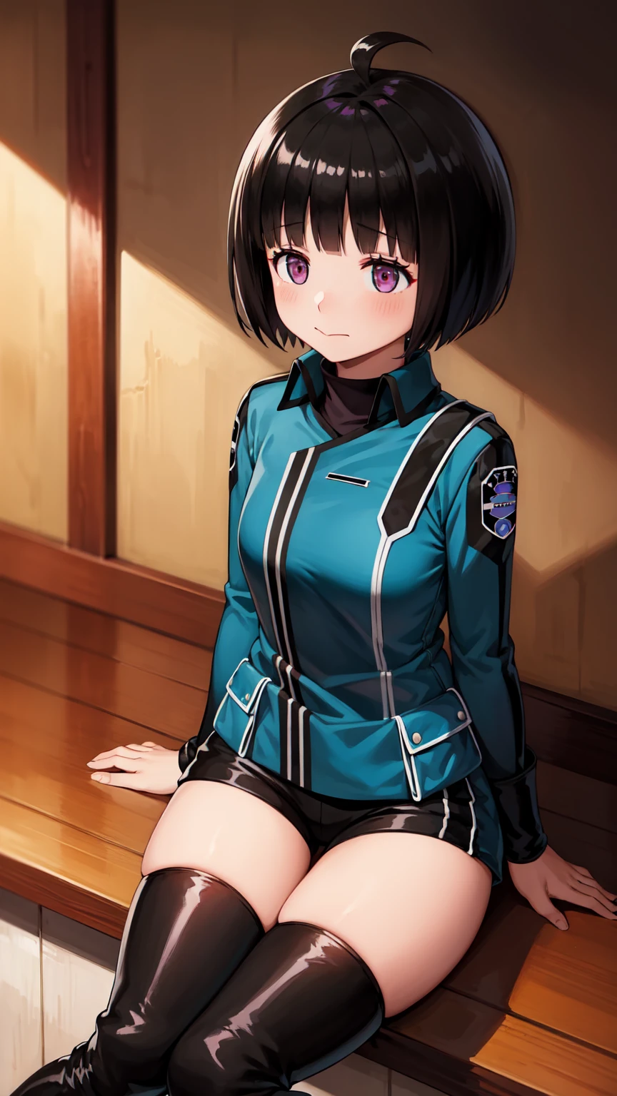 One Girl, alone, amateur_chika, short hair, Black Hair, Blunt bangs, Bobcut, Ahoge, Purple eyes, Long sleeve, Blue jacket, uniform, Black Shirt, turtleneck, Symbolism, Short black shorts, Black boots, , Cowboy Shot、Thighs、Black thigh-high boots、（（（黒のHigh heels）））whole body, face, high quality, masterpiece, 超High resolution, high quality, Attention to detail, 最high quality, High resolution、 blush, View your viewers, Cowboy Shot, indoor, bar、Sitting、足を組んでSitting、High heels