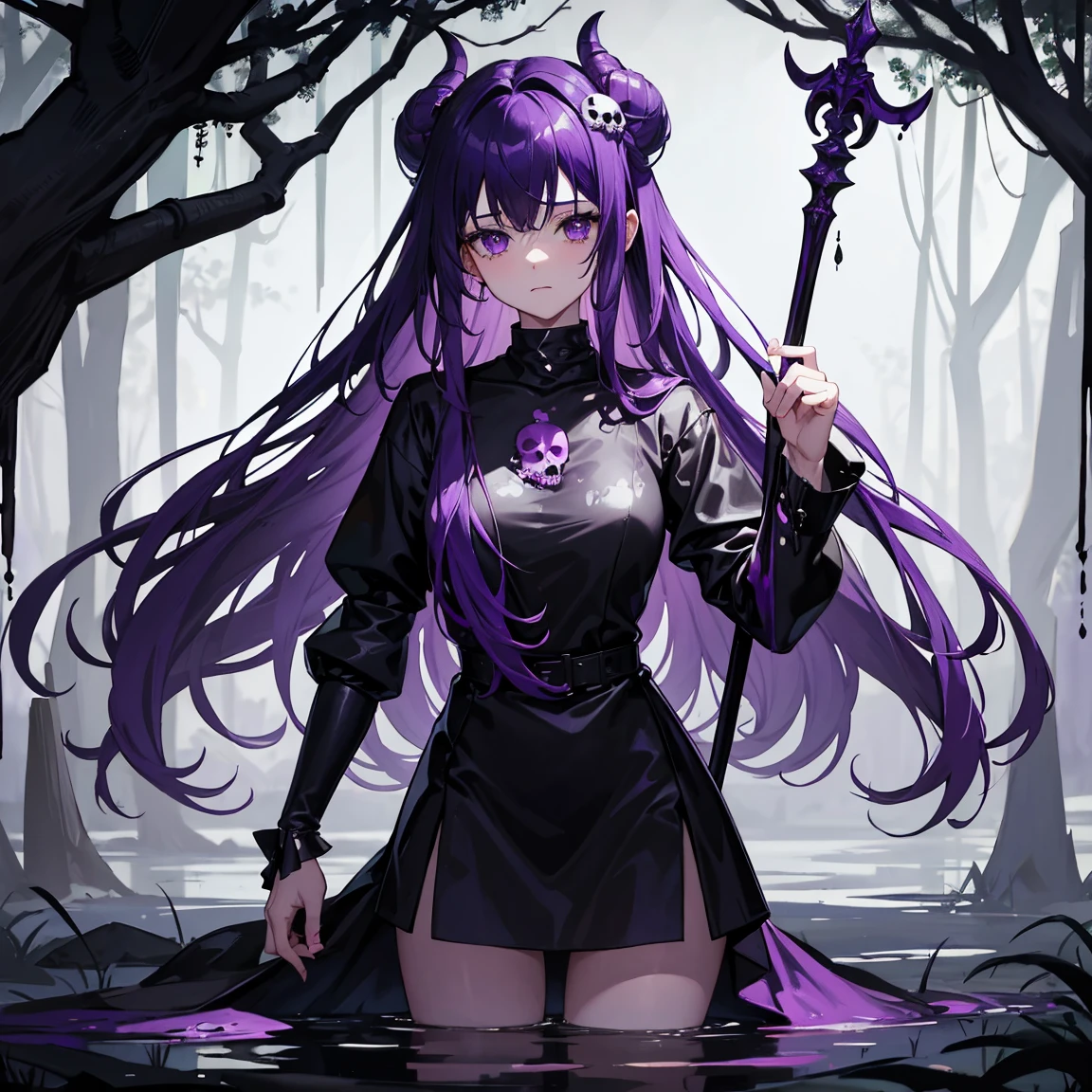 Top quality, masterpiece, 8K, one bat flying, woman walking through purple sludgy poisonous swamp, swamp is up to her feet high, skull mark on ground, bones floating in swamp, purple poisonous swamp all around, long purple hair, worried face, shivering woman, wearing winter clothes clothes that reveal little