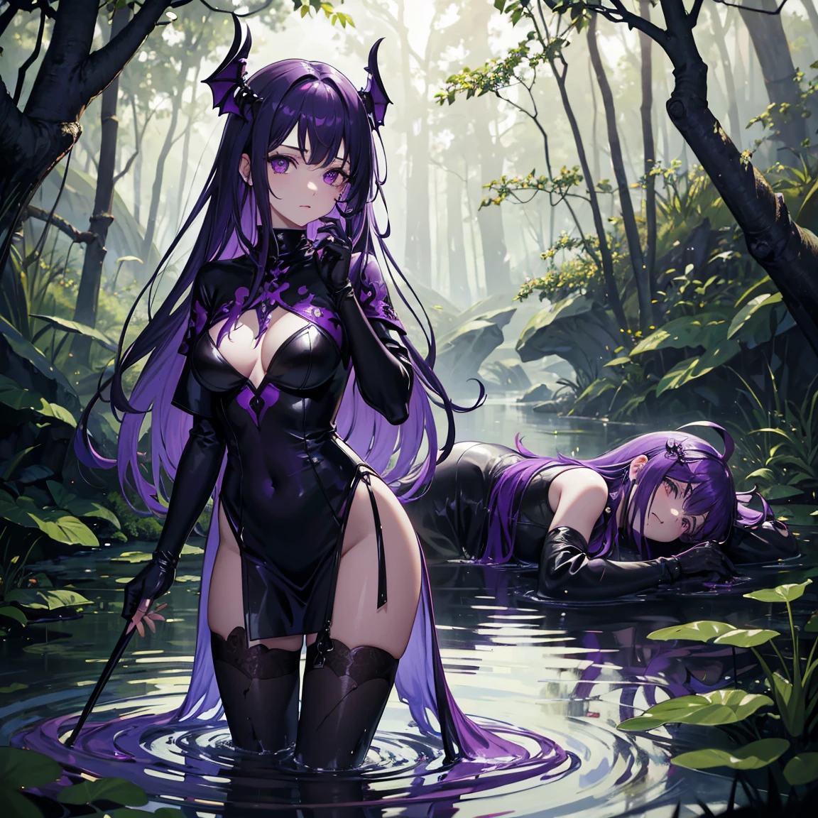 Top quality, masterpiece, 8K, one bat flying, woman walking through purple sludgy poisonous swamp, swamp is up to her feet high, skull mark on ground, bones floating in swamp, purple poisonous swamp all around, long purple hair, worried face, shivering woman, wearing winter clothes clothes that reveal little