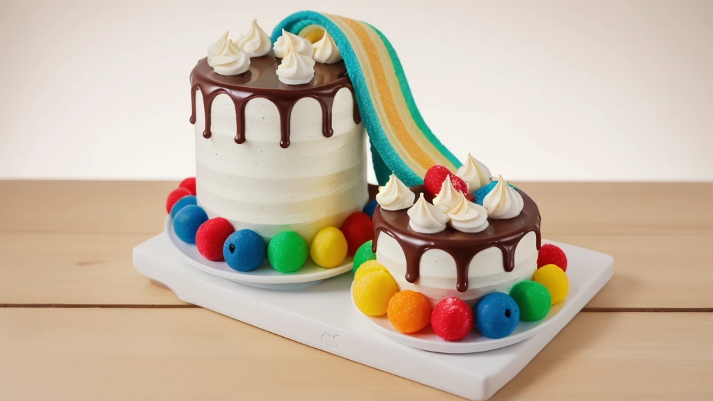 in the kitchen, on a wooden table, on a porcelain plate, two cakes made of white cream, sugar candies on the bottom, chocolate ganache on the cake, white swirls on the chocolate ganache, window light, bright lights, soft light, window light, professional lighting, light from the window, neat light, realistic texture, realistic style, detailed texture, high quality, high resolution, high quality rendering, realistic photo, brightning light, macro photo