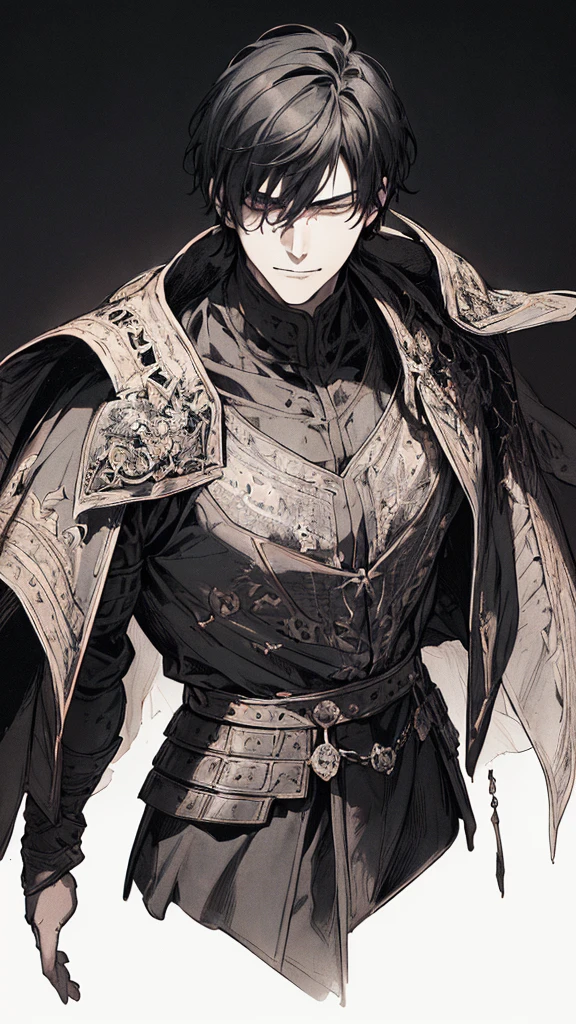 Best quality, (background_detail), high_contrast, detail_original_illustration, warrior, muscular, villain face, armored, full_body, medieval, crease between eyes, young man, man in 20s, dark_stitch_landscape, (dramatic_lighting:1. 25), (shaded_background:1.2), black_hair, (short black hair:) 1.1 ), Large figure, Delicate face, Evil smile, Sharp eyes, Black background, (Black background:1.5), Beautiful line drawing, Black and white