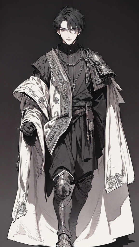 Best quality, (background_detail), high_contrast, detail_original_illustration, warrior, muscular, villain face, armored, full_body, medieval, crease between eyes, young man, man in 20s, dark_stitch_landscape, (dramatic_lighting:1. 25), (shaded_background:1.2), black_hair, (short black hair:) 1.1 ), Large figure, Delicate face, Evil smile, Sharp eyes, Black background, (Black background:1.5), Beautiful line drawing, Black and white