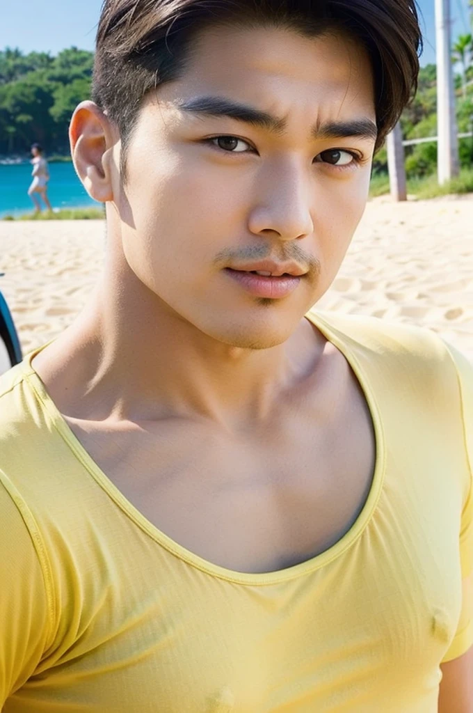 A handsome, muscular young Asian man looks at the camera. In a plain yellow t-shirt , Fieldside, grass, beach, sunlight