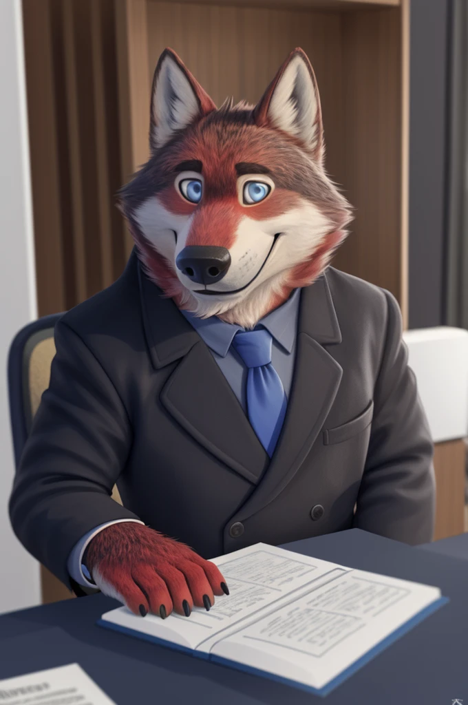 Ivan Fedorovich Wolfbach (Novosibirsk) ,Tall, handsome man, wolf,young, 24 years, brown fur,Kind,(red body:1.3),beautiful blue eyes,Novosibirsk,dressed, black jacket awards on jacket, shirt, tie, trousers, wolf, detailed fur, man ,paw pads, finger claws,per viewer, 5 fingers, paws, 5 fingers, smile, wrist watch, nextel, by xenoforge, (complex, high detail, digital photography, soft focus, RAW variety viewer, Very close to the camera) , variety, Novosibirsk, smile, good mood, positive, Very close to the camera, GOVERNOR, is sitting, at the computer, is sitting за компьютерным столом,cabinet, GOVERNORа, writes documents, to the city, GOVERNOR Novosibirskа,
Photorealism, realism, digital style, Subsurface scattering, I look at the viewer, smdit writes a book, a glass of water, handle, paper,
masterpiece, Best quality, ultra realistic, 8 thousand.)