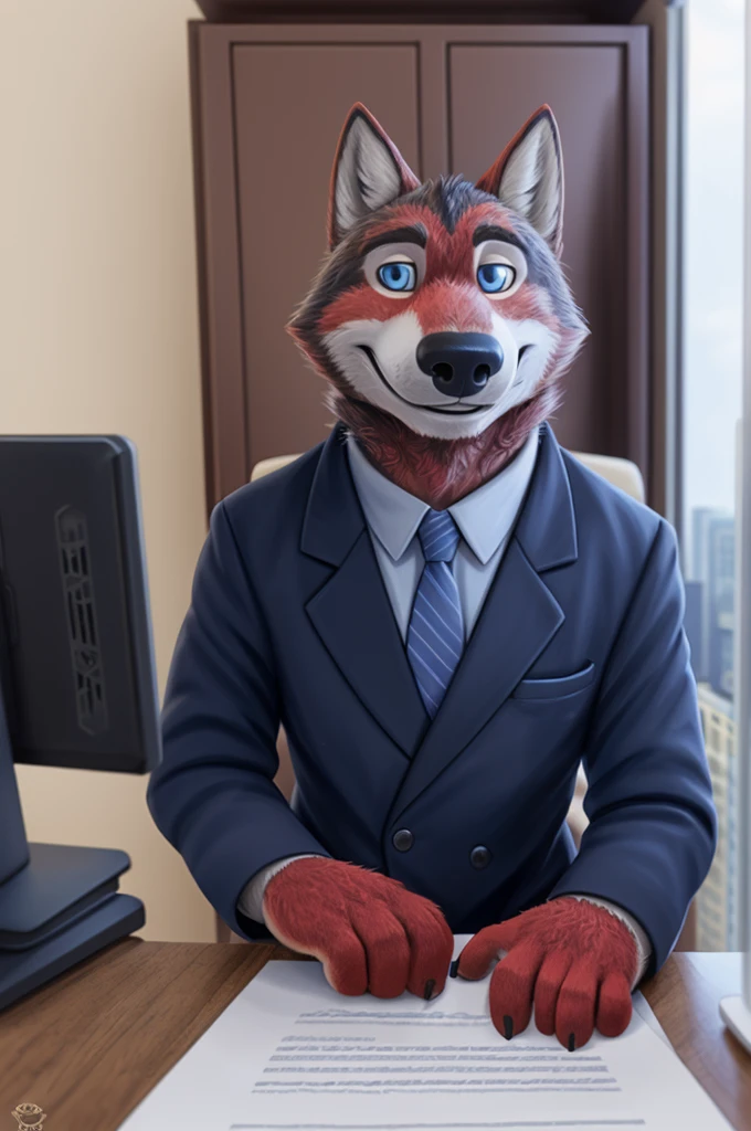 Ivan Fedorovich Wolfbach (Novosibirsk) ,Tall, handsome man, wolf,young, 24 years, brown fur,Kind,(red body:1.3),beautiful blue eyes,Novosibirsk,dressed, black jacket awards on jacket, shirt, tie, trousers, wolf, detailed fur, man ,paw pads, finger claws,per viewer, 5 fingers, paws, 5 fingers, smile, wrist watch, nextel, by xenoforge, (complex, high detail, digital photography, soft focus, RAW variety viewer, Very close to the camera) , variety, Novosibirsk, smile, good mood, positive, Very close to the camera, GOVERNOR, is sitting, at the computer, is sitting за компьютерным столом,cabinet, GOVERNORа, writes documents, to the city, GOVERNOR Novosibirskа,
Photorealism, realism, digital style, Subsurface scattering, I look at the viewer, smdit writes a book, a glass of water, handle, paper,
masterpiece, Best quality, ultra realistic, 8 thousand.)