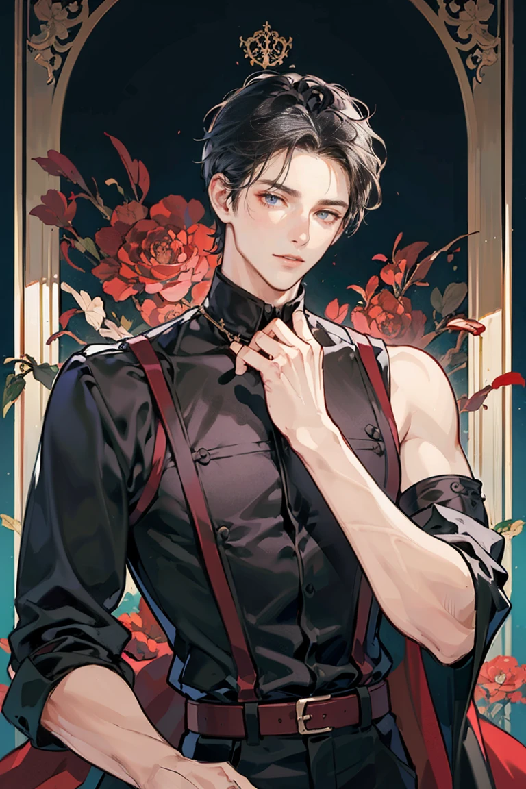 (masterpiece), best quality, seductive eyes, mature but pretty face, prince-like face, handsome man, red eyes, slicked back haircut, short length black hair, black shirt, black pants, big biceps, massive shoulders, big forearms, half body, anime cover, 1boy, no sleeves, both hands on pockets, masculine