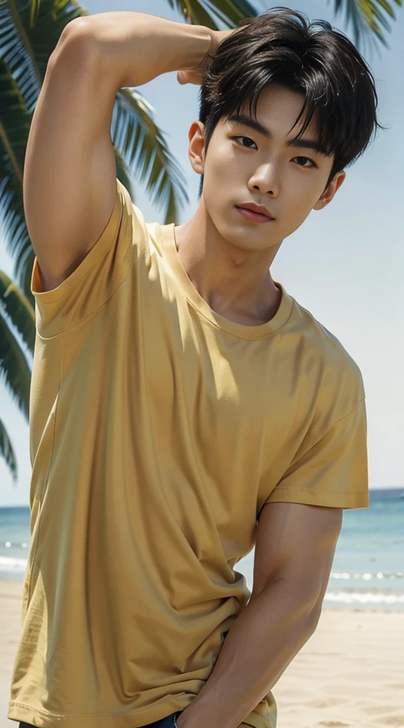 A handsome, muscular young Asian man looks at the camera. In a plain yellow t-shirt , Fieldside, grass, beach, sunlight