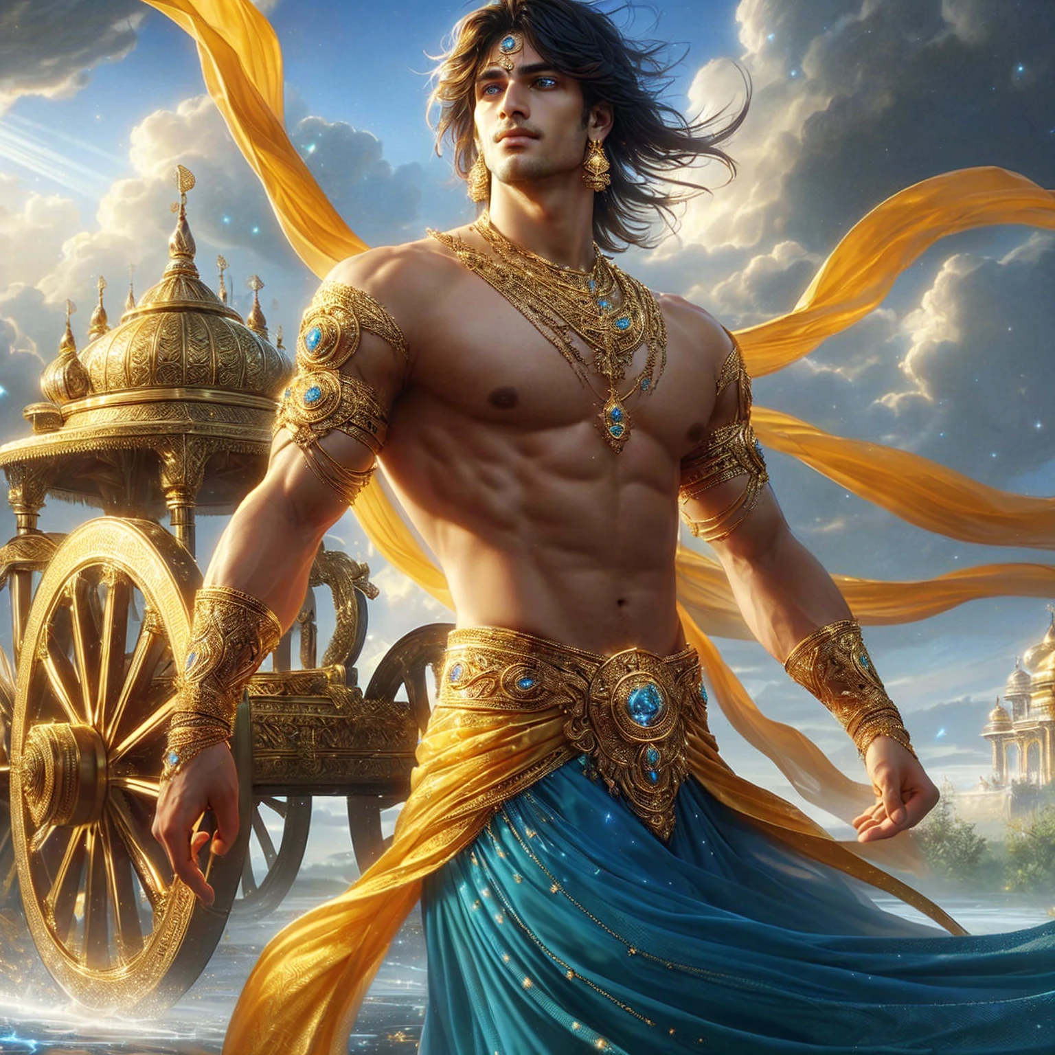 Male, exquisite gold outfit, exquisite gold jewelry , Man, the god is very handsome. , Handsome Man