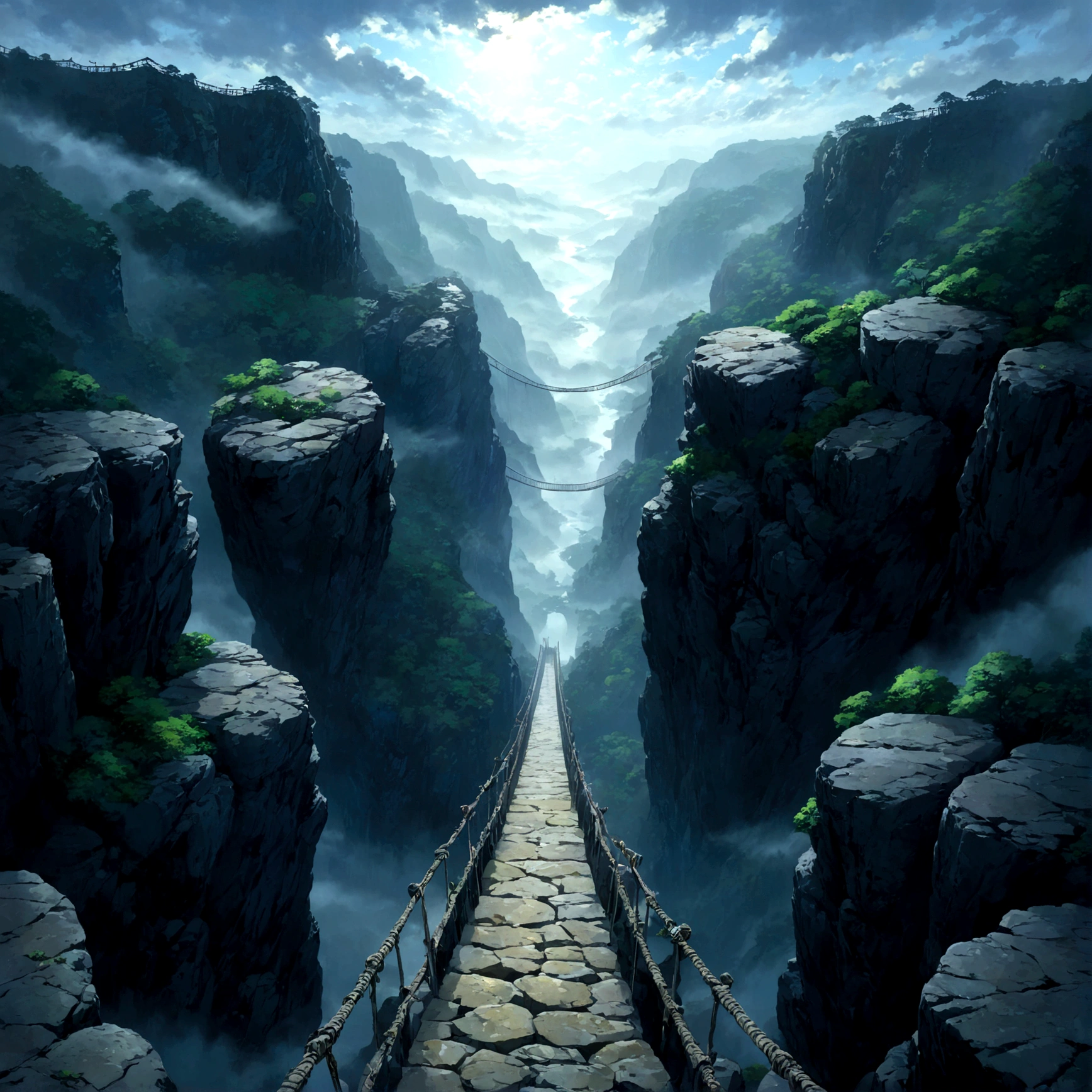 Beautiful game world, Fantasy, Furai no Shiren, Naraku Gorge, Dungeons, First Person View, At dusk, Rugged rock face, fog, light rain, Collapsed suspension bridge, The sound of a creaking bridge, 足元のanxiety定な足場, The sound of rocks crumbling, Overlooking a deep valley, Endless cliffs, The faintly visible road ahead, Unknown world, anxiety, fear, nervous, Expectations, Silence