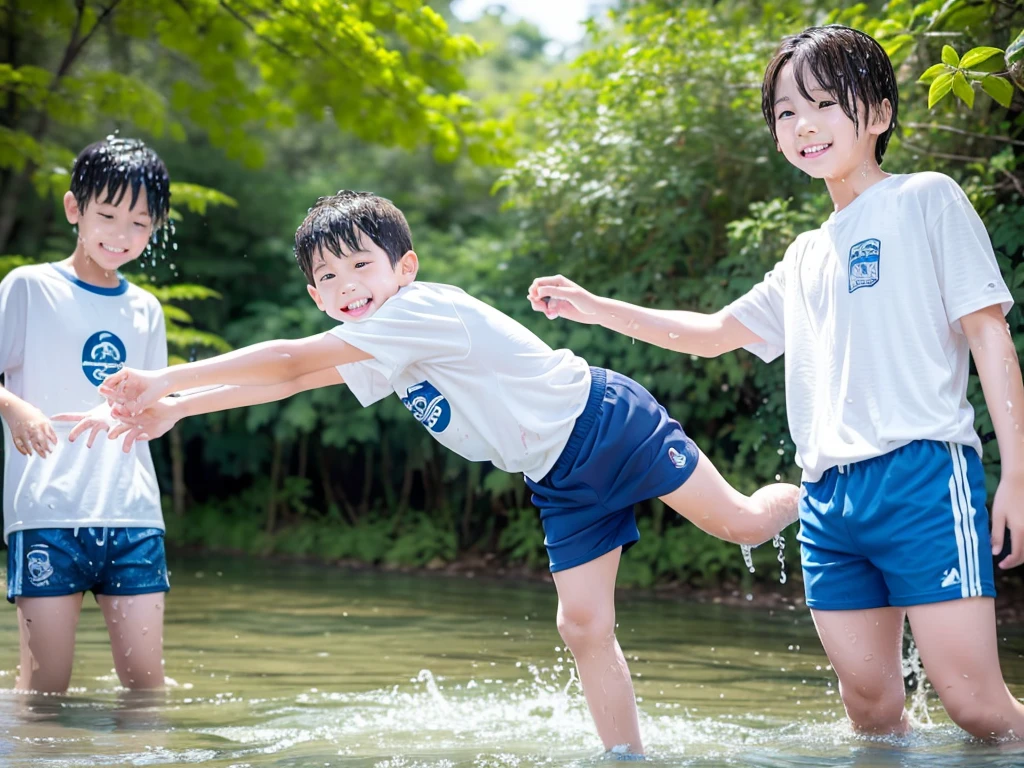 In the forest、Swimming in the river、Cool and refreshing water、Cute elementary school boy、10Year old boy、Boy in gym clothes、The bottom of the white T-shirt is blue、Blue shorts、The boys are playing、Get wet all over、Noisy boys、Splashing Water、Japanese、(Boy 1.4)