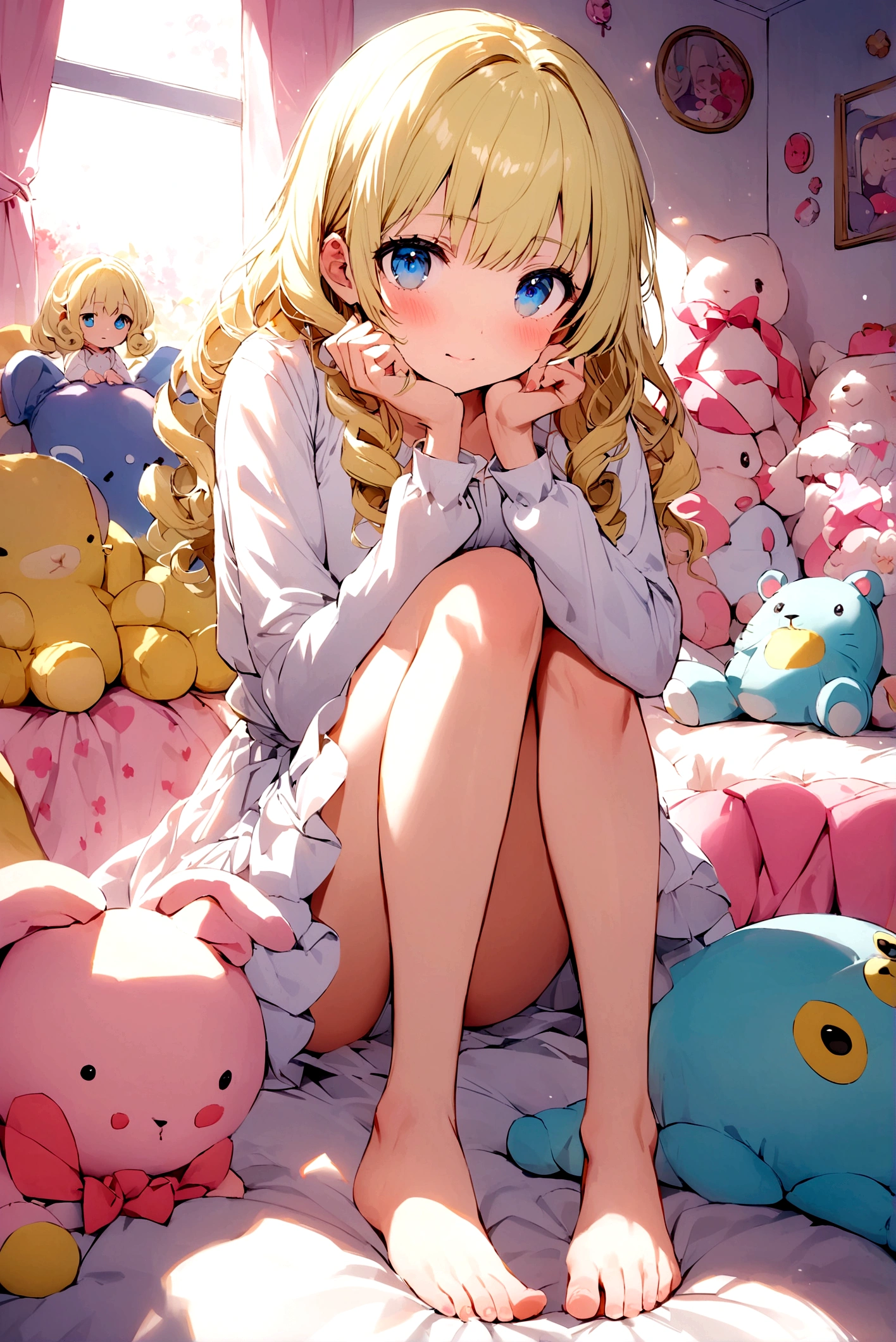 light yellow hair, loose, curly ends, blue eyes, age girl, white long sleeves, white miniskirt with pink elements, cute room with soft toys in the background. small breasts, thin waist
the girl is visible in full height, she sits with her knees pressed to her, her hands rest on her bare feet