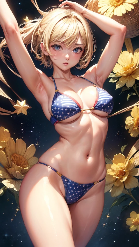 (masterpiece, highest quality, ultra high res, ultra detailed:1.3), 1 cute girl, ideal ratio body proportions, blonde short hair, stars and stripes pattern bikini, bra covered nipples, cameltoe, armpit, dynamic pose, 