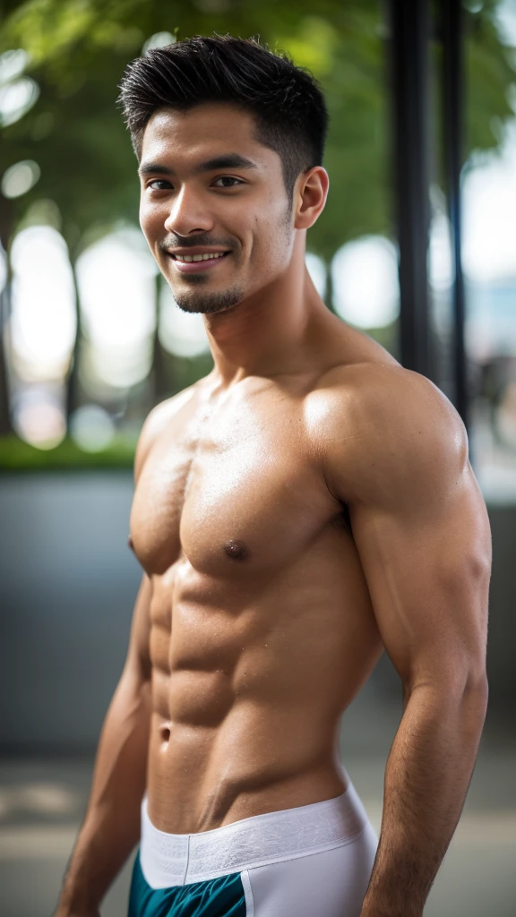 (8K, RAW photo, Highest quality), Realistic, portrait of Malay man, Malaysian, Native exotic Malay look, frontage, Intricate details, Perfectly proportioned average muscular body, Smooth tanned skin, Shirtless, white underwear Detailed face, Handsome, Perfect eyes, Short hair, Nice smile with dimple, Ray tracing, Anatomically correct, Manly looks, Male focus, Masculine, Average body, Nice body shape, Nice chest, Nice nipple, Exposing abs, Exposing chest, Sweat body, Sweat face, Dramatic lighting, Soft details, Outdoor, Full body , Award-winning photography, Full body photograph shot with Kodak Portra 800, a Hasselblad 500C, 55mm f/ 1.8 lens, extreme depth of field, available light, high
contrast, Ultra HD, DTM