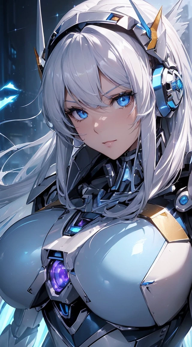 ((Extreme close up:1.6))、(((Lenses shining on both breasts:1.3)))、((A blue pillar of light emanates from both of his chests..:1.3))、break、(((Dynamic pose:1.8)))、smile、((8K)), ((32k)), ((Highest quality)), ((masterpiece)), ((超A high resolution)), ((Tmasterpiece)), ((Halation:1.4))、((Mechaニカルheadgear:1.2))、((Cyber Headphones:1.3))Fine skin, High quality fabric, High-quality metal texture、((Beautiful and dense face))、RAW Photos、Professional, Ultra-fine painting, ((alone)), Beautiful breasts、Highest quality, Very detailed, Very detailed詳細, Finer details, so beautiful, ((Princess Knight Robot:1.2)),  (Joint of the machine, Mechanical Limbs:1.3), (The internal structure of the machine is exposed:1.3), (Long silver hair:1.1), (Beautiful and huge mechanical breasts)、White Veil, cowboy_shot, Side Focus, headgear, Shiny、(Five Fingers, Four fingers and thumb),Concept Art, Anime fantasy artwork, Detailed fantasy art, (with pale blue-violet hair and large white wings,,,,,,,,), (((Long silver hair))), (Mecha:1.6)、Sleek and intimidating design, ((Commander-in-Chief&#39;arm)), (Perfect robot body)、純白と青紫のarmまたは, Symmetrical wings, 8K High Resolution, Detailed Art, 3D rendering of character art in 8K, neat legs, Defined, Defined fingers,((headshot:1.3))