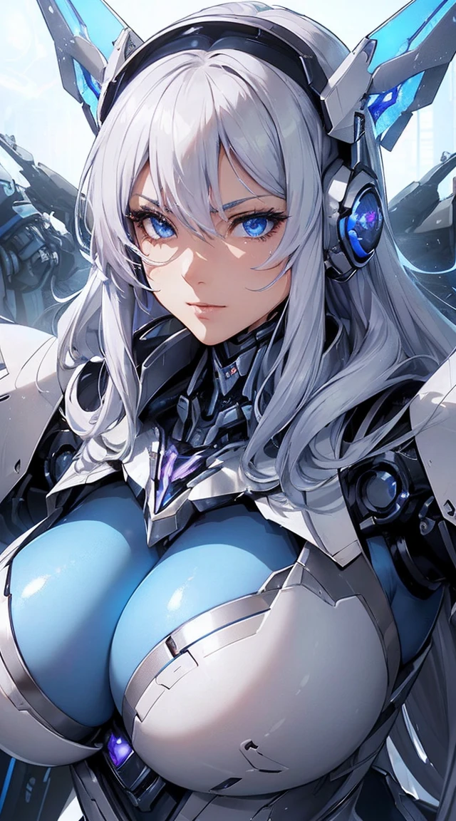 ((Extreme close up:1.6))、(((Lenses shining on both breasts:1.3)))、((A blue pillar of light emanates from both of his chests..:1.3))、break、(((Dynamic pose:1.8)))、smile、((8K)), ((32k)), ((Highest quality)), ((masterpiece)), ((超A high resolution)), ((Tmasterpiece)), ((Halation:1.4))、((Mechaニカルheadgear:1.2))、((Cyber Headphones:1.3))Fine skin, High quality fabric, High-quality metal texture、((Beautiful and dense face))、RAW Photos、Professional, Ultra-fine painting, ((alone)), Beautiful breasts、Highest quality, Very detailed, Very detailed詳細, Finer details, so beautiful, ((Princess Knight Robot:1.2)), (Joint of the machine, Mechanical Limbs:1.3), (The internal structure of the machine is exposed:1.3), (Long silver hair:1.1), (Beautiful and huge mechanical breasts)、White Veil, cowboy_shot, Side Focus, headgear, Shiny、(Five Fingers, Four fingers and thumb),Concept Art, Anime fantasy artwork, Detailed fantasy art, (with pale blue-violet hair and large white wings,,,,,,,,), (((Long silver hair))), (Mecha:1.6)、Sleek and intimidating design, ((Commander-in-Chief'arm)), (Perfect robot body)、純白と青紫のarmまたは, Symmetrical wings, 8K High Resolution, Detailed Art, 3D rendering of character art in 8K, neat legs, Defined, Defined fingers,((headshot:1.3))